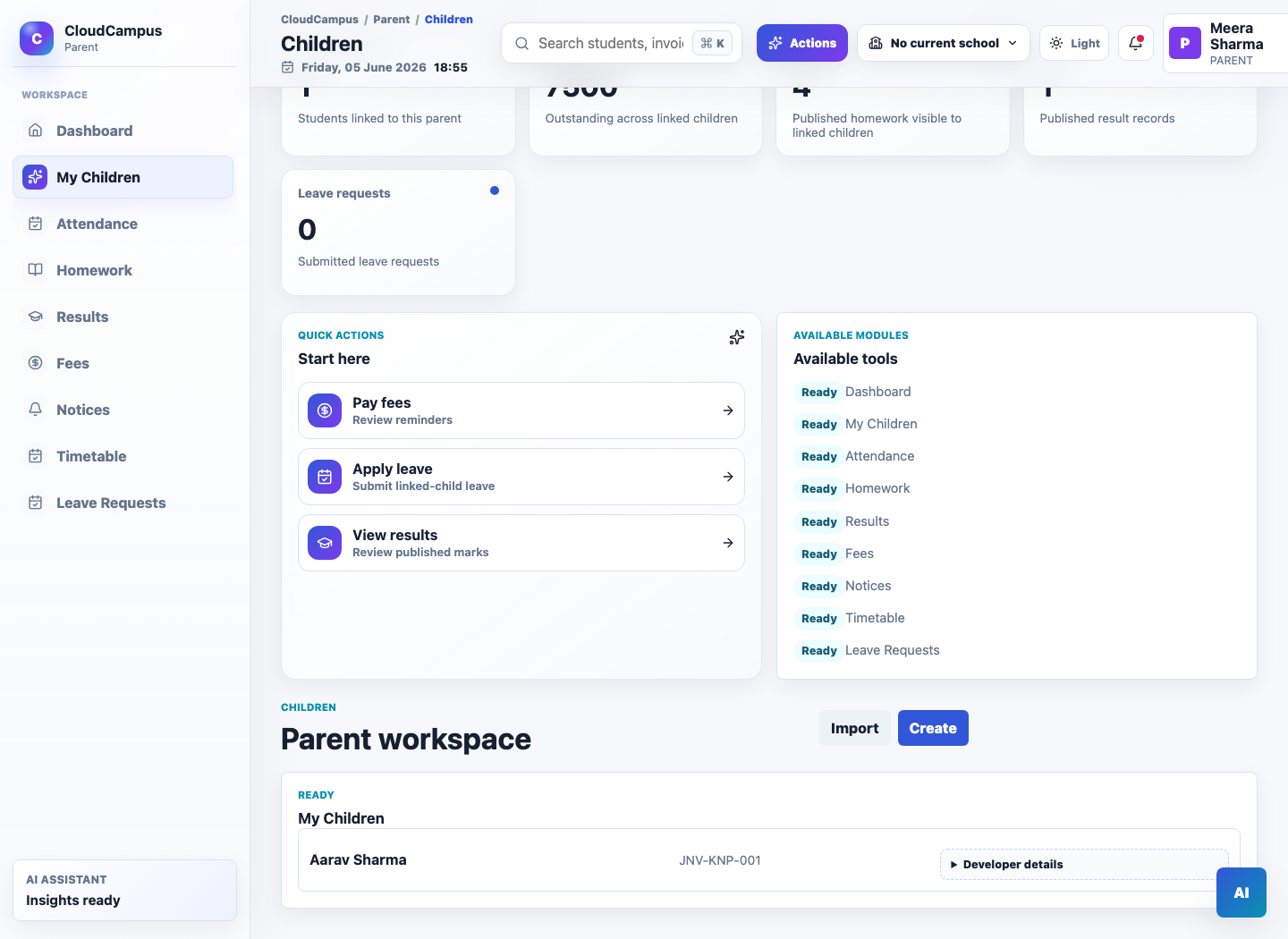 CloudCampus parent portal showing linked child and parent workspace