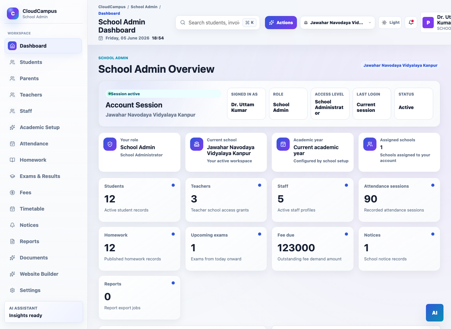 CloudCampus school admin dashboard with students, teachers, attendance, homework, exams, fees, and notices metrics