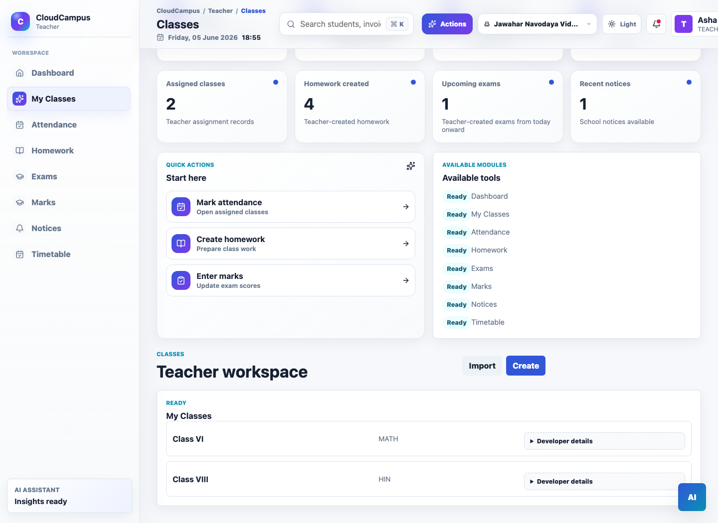 CloudCampus teacher workflow showing assigned classes and quick actions