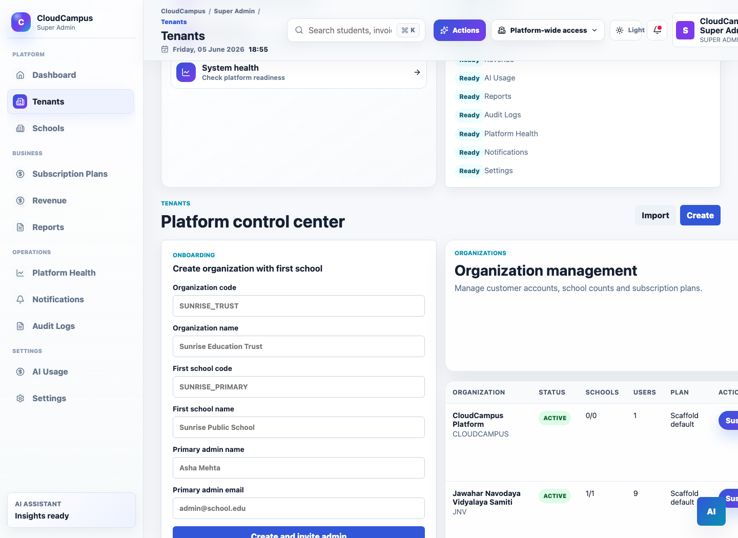 CloudCampus tenant onboarding screen with first school and admin invitation form